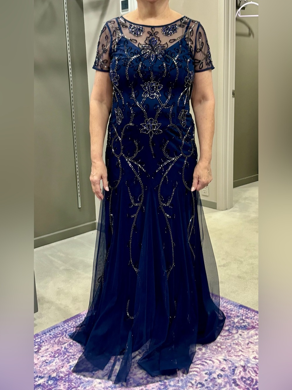 Adrianna Papell Navy Beaded Illusion Neck Evening Gown